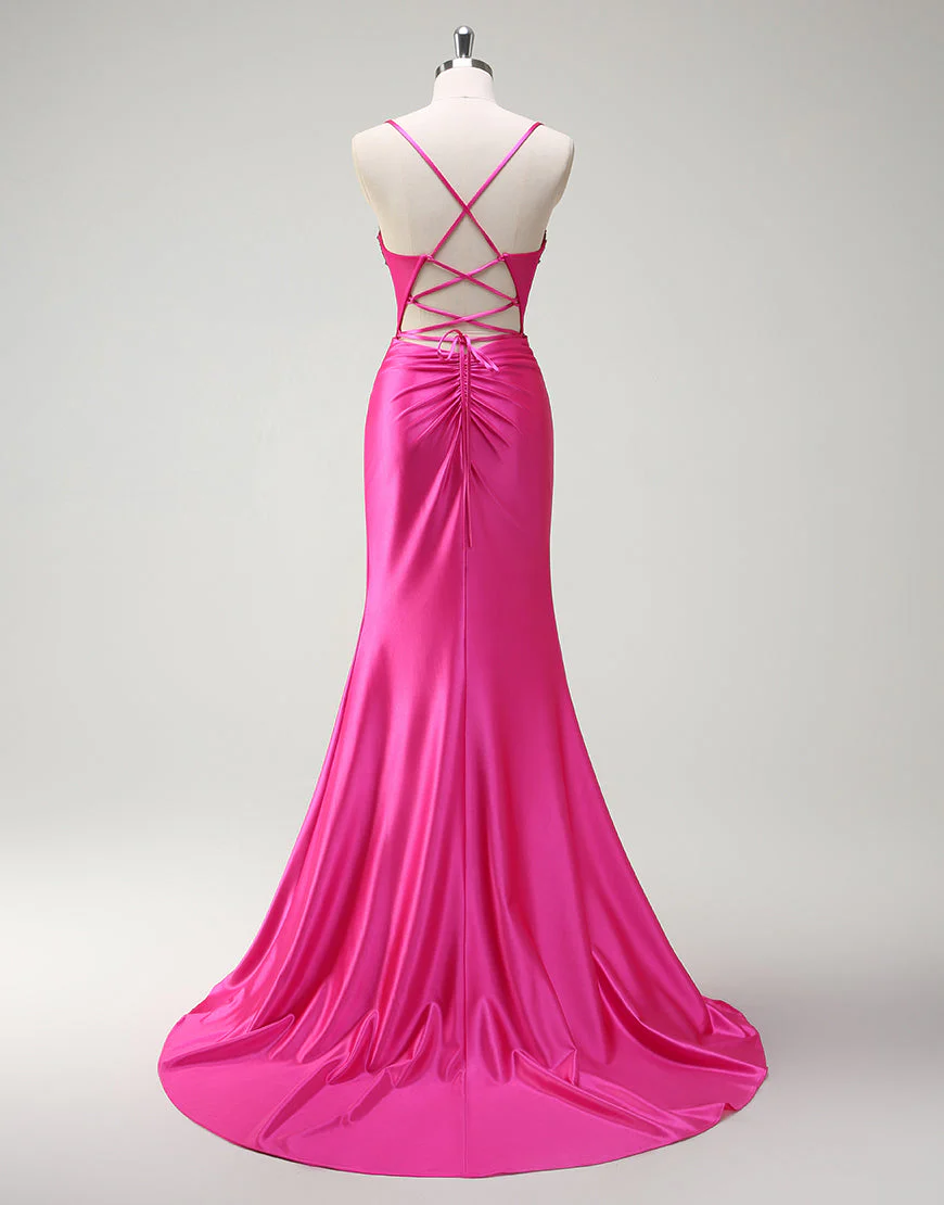 Fuchsia Mermaid Spaghetti Crystal Ruched Prom Dress with Slit – Image 3