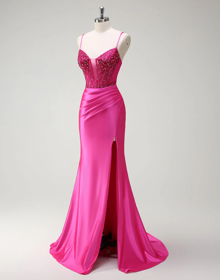 Fuchsia Mermaid Spaghetti Crystal Ruched Prom Dress with Slit – Image 4