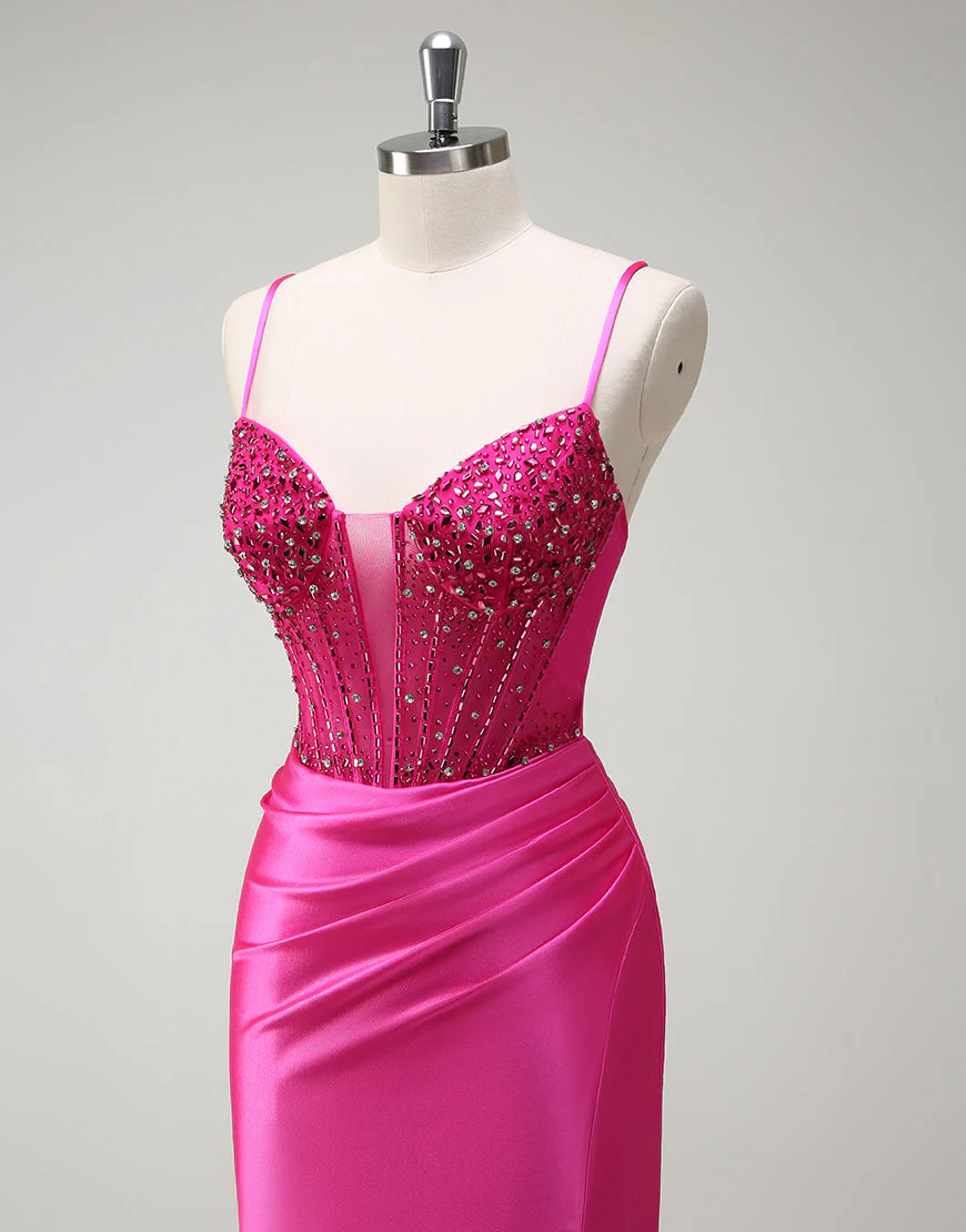 Fuchsia Mermaid Spaghetti Crystal Ruched Prom Dress with Slit – Image 6