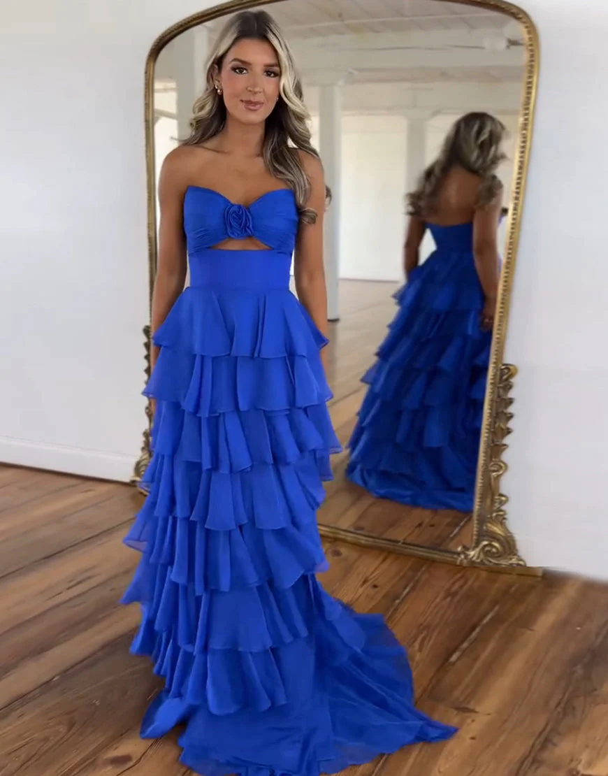 Robe de bal trapèze en mousseline de soie jaune à col en cœur et à volants – Image 6