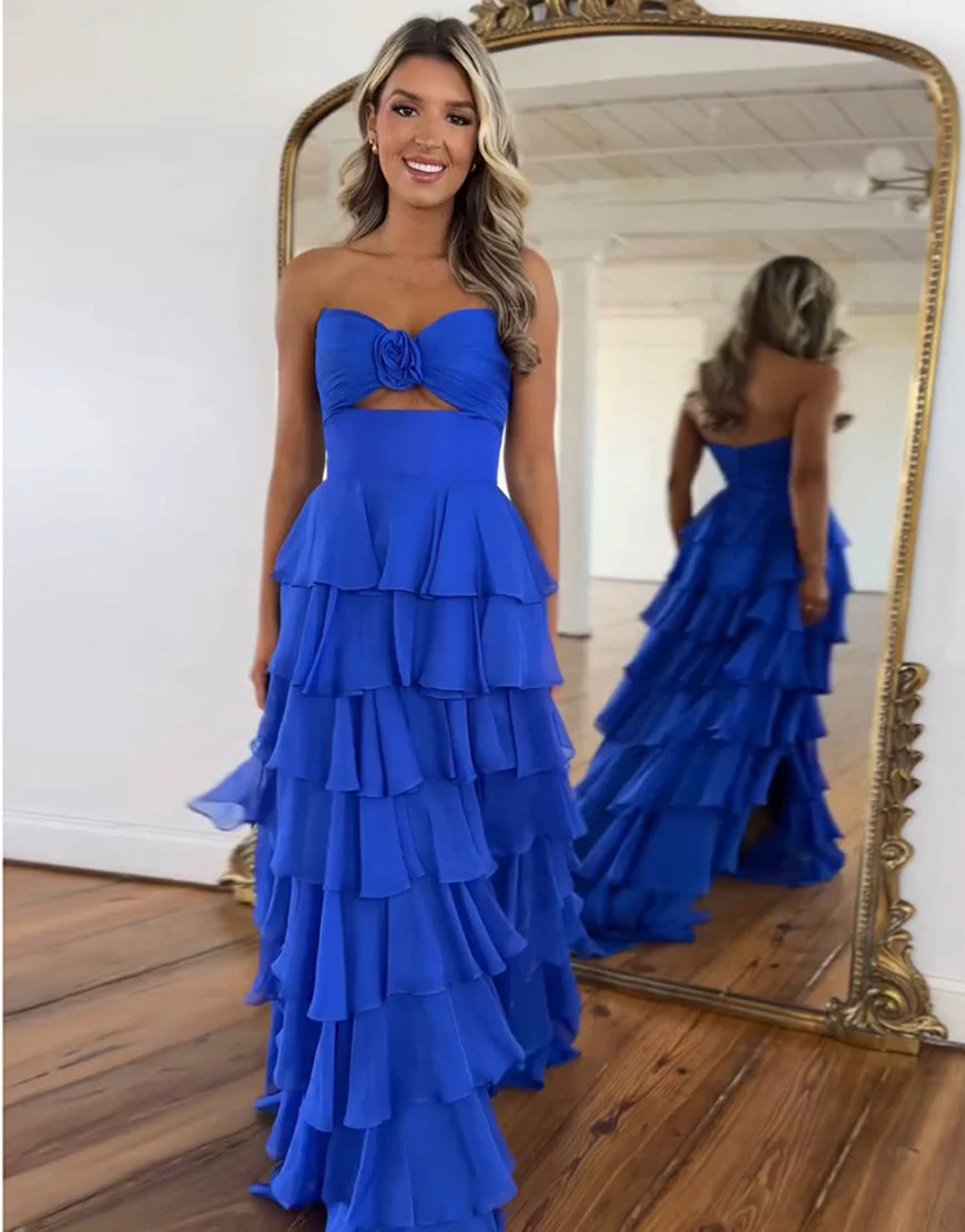 Robe de bal trapèze en mousseline de soie jaune à col en cœur et à volants – Image 8