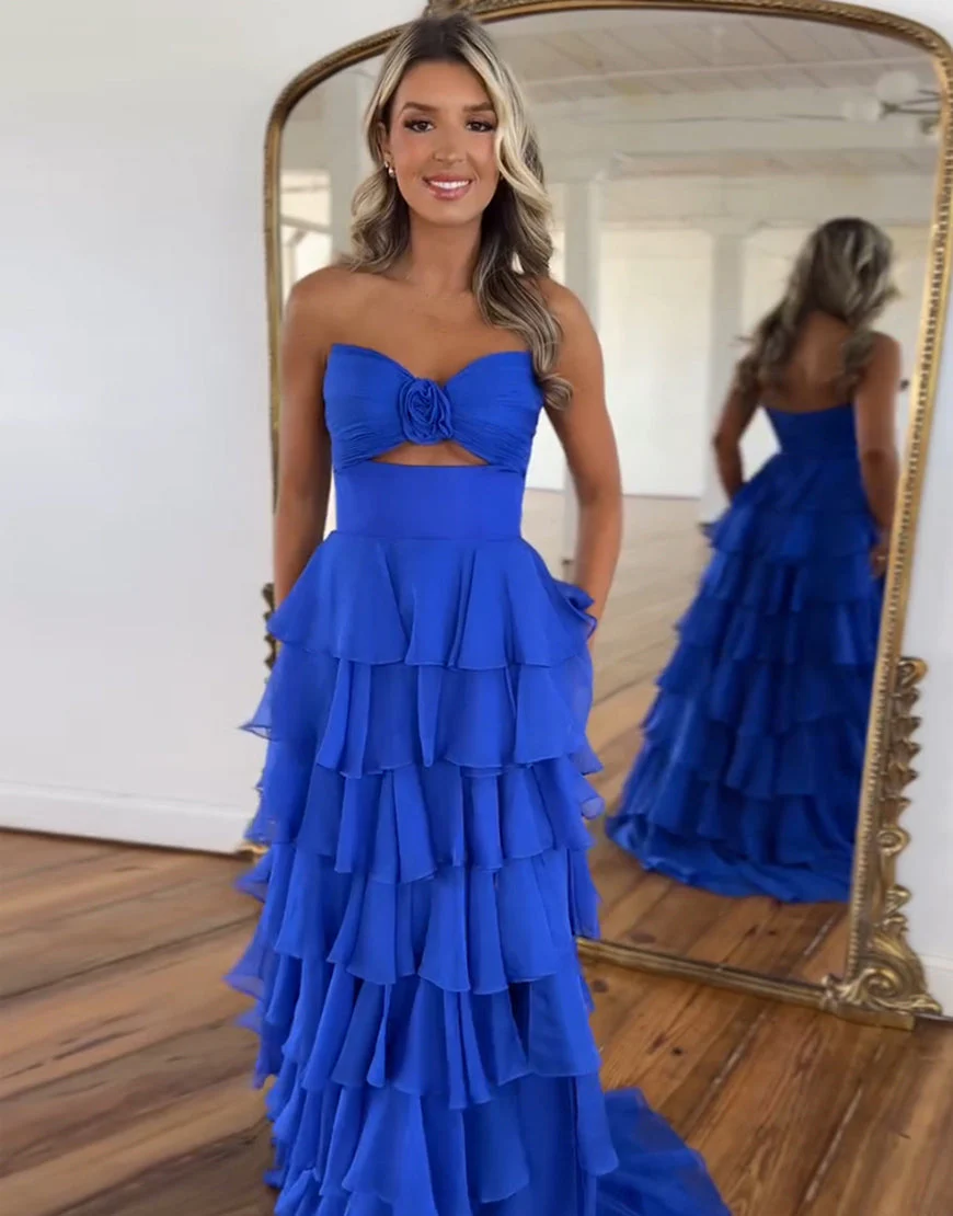 Robe de bal trapèze en mousseline de soie jaune à col en cœur et à volants – Image 9