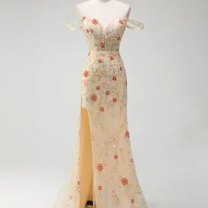 Robe de bal sirène champagne à décolleté en cœur avec appliques en sequins fendus