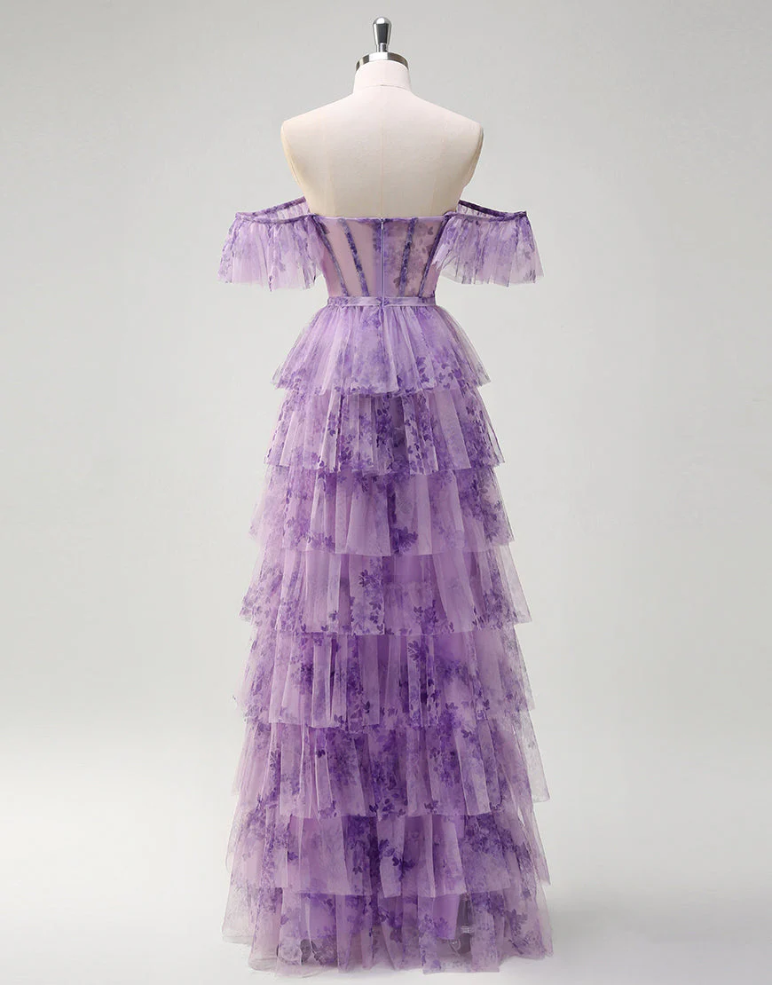 Robe de bal longue en tulle imprimé lilas à épaules dénudées et à volants de princesse – Image 3