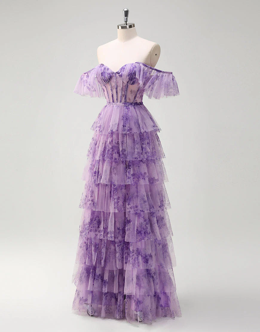 Robe de bal longue en tulle imprimé lilas à épaules dénudées et à volants de princesse – Image 4