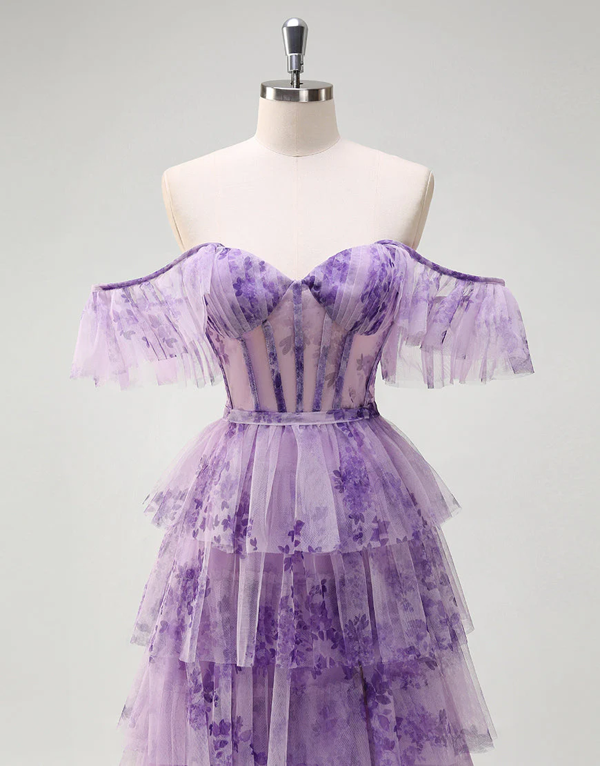 Robe de bal longue en tulle imprimé lilas à épaules dénudées et à volants de princesse – Image 5