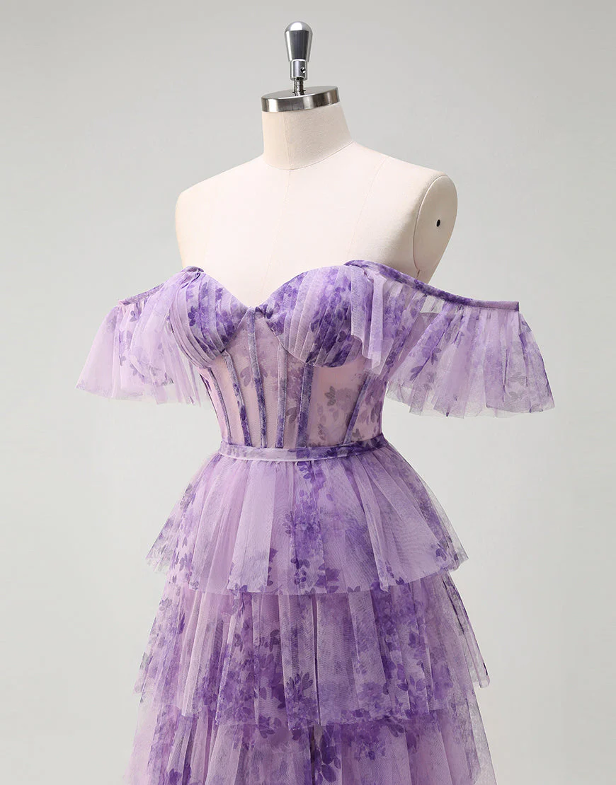 Robe de bal longue en tulle imprimé lilas à épaules dénudées et à volants de princesse – Image 6