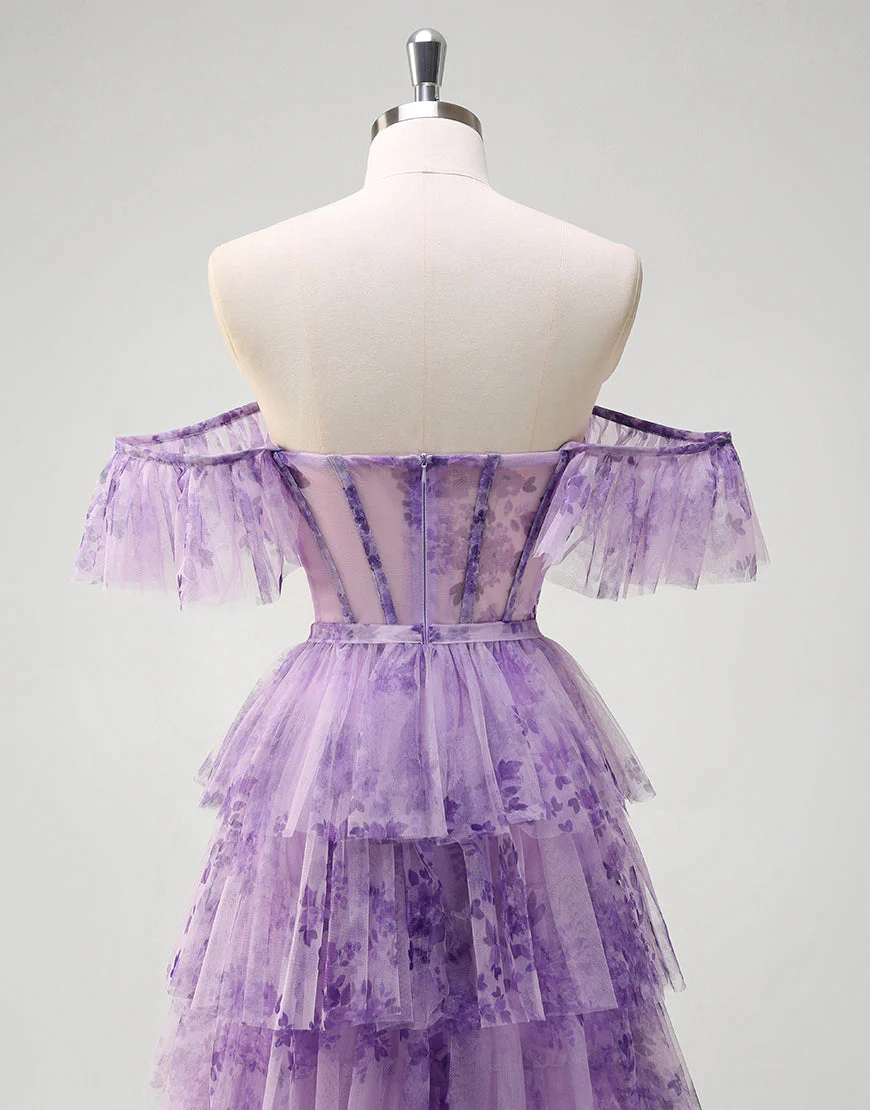 Robe de bal longue en tulle imprimé lilas à épaules dénudées et à volants de princesse – Image 7