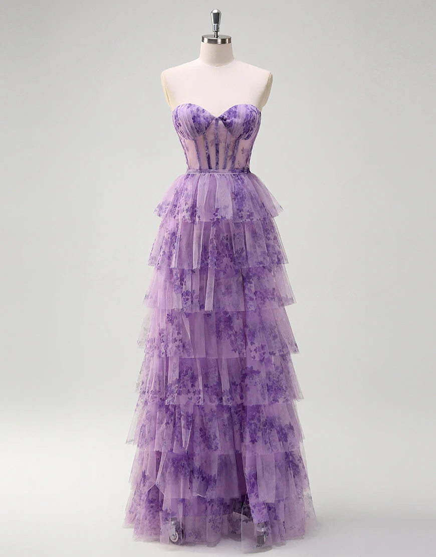 Robe de bal longue en tulle imprimé lilas à épaules dénudées et à volants de princesse – Image 8