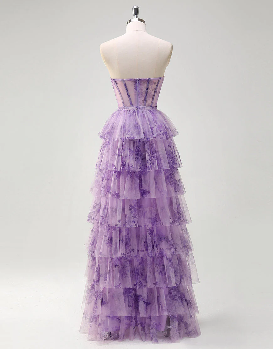 Robe de bal longue en tulle imprimé lilas à épaules dénudées et à volants de princesse – Image 9