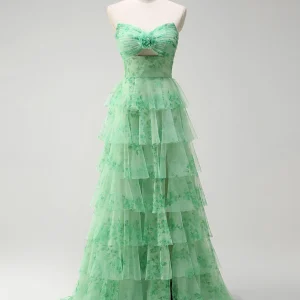 Robe de bal longue à volants en tulle à imprimé floral vert, coupe trapèze, décolleté en cœur