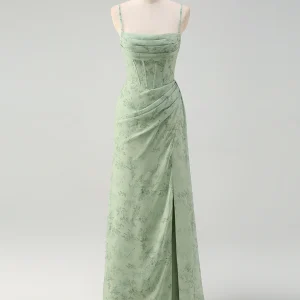 Robe de bal en tulle imprimé spaghetti Dusty Sage en forme de A