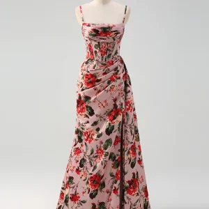 Robe de bal en A rose rouge imprimée de fleurs spaghetti avec fente