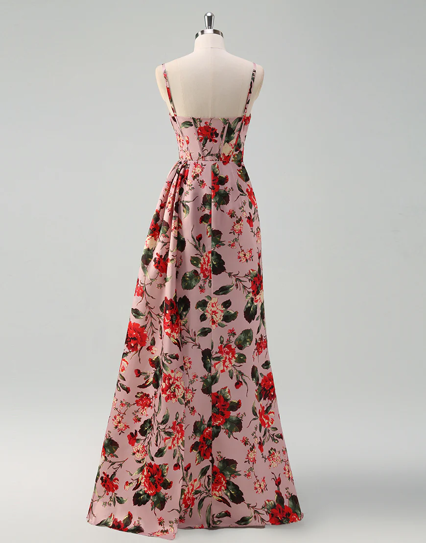 Robe de bal en A rose rouge imprimée de fleurs spaghetti avec fente – Image 3