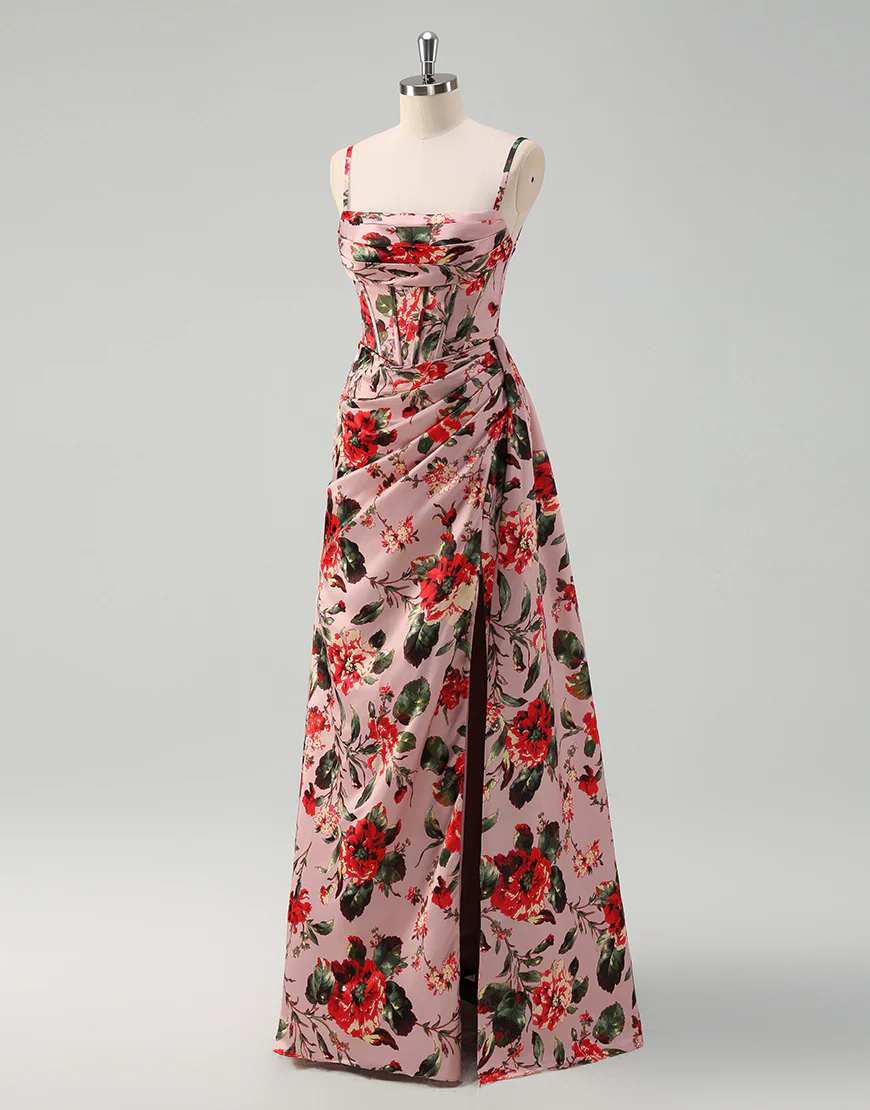 Robe de bal en A rose rouge imprimée de fleurs spaghetti avec fente – Image 4