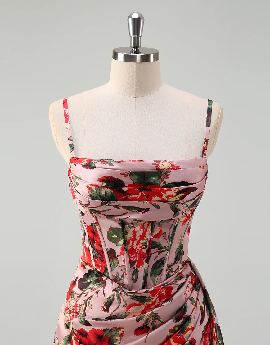 Robe de bal en A rose rouge imprimée de fleurs spaghetti avec fente – Image 5