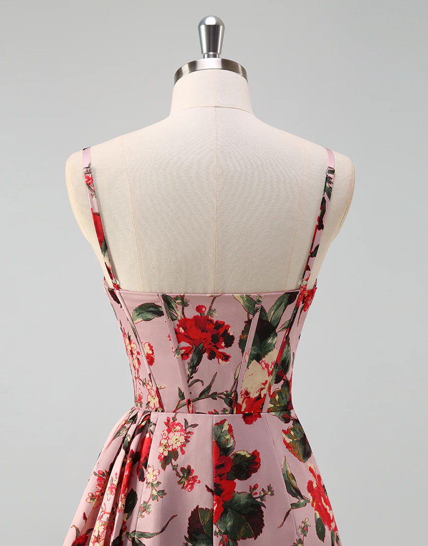 Robe de bal en A rose rouge imprimée de fleurs spaghetti avec fente – Image 6