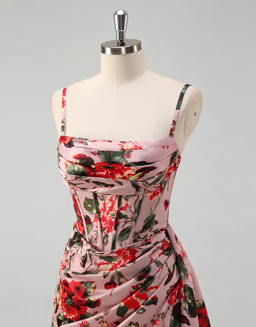 Robe de bal en A rose rouge imprimée de fleurs spaghetti avec fente – Image 7