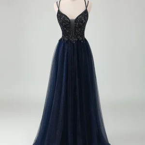 Robe de bal en tulle avec paillettes en V-neck et col spaghetti en ligne A marine