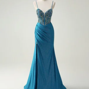 Robe de bal sirène à fines bretelles et perles avec traîne