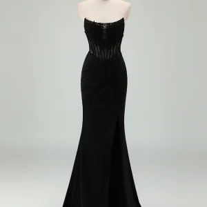 Robe de bal strapless avec applique et fente pour sirène noire