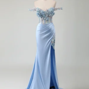 Robe de bal bleu ciel sirène épaulée nue avec fleur 3D et fente