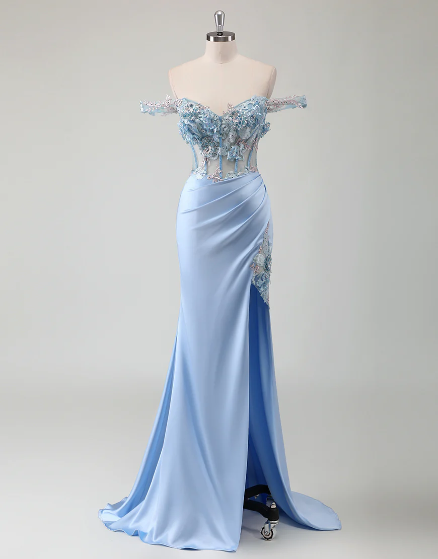 Robe de bal bleu ciel sirène épaulée nue avec fleur 3D et fente – Image 2