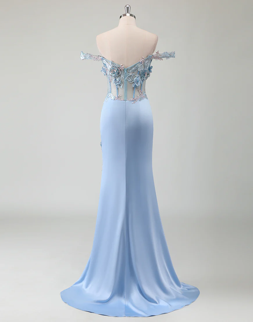 Robe de bal bleu ciel sirène épaulée nue avec fleur 3D et fente – Image 3