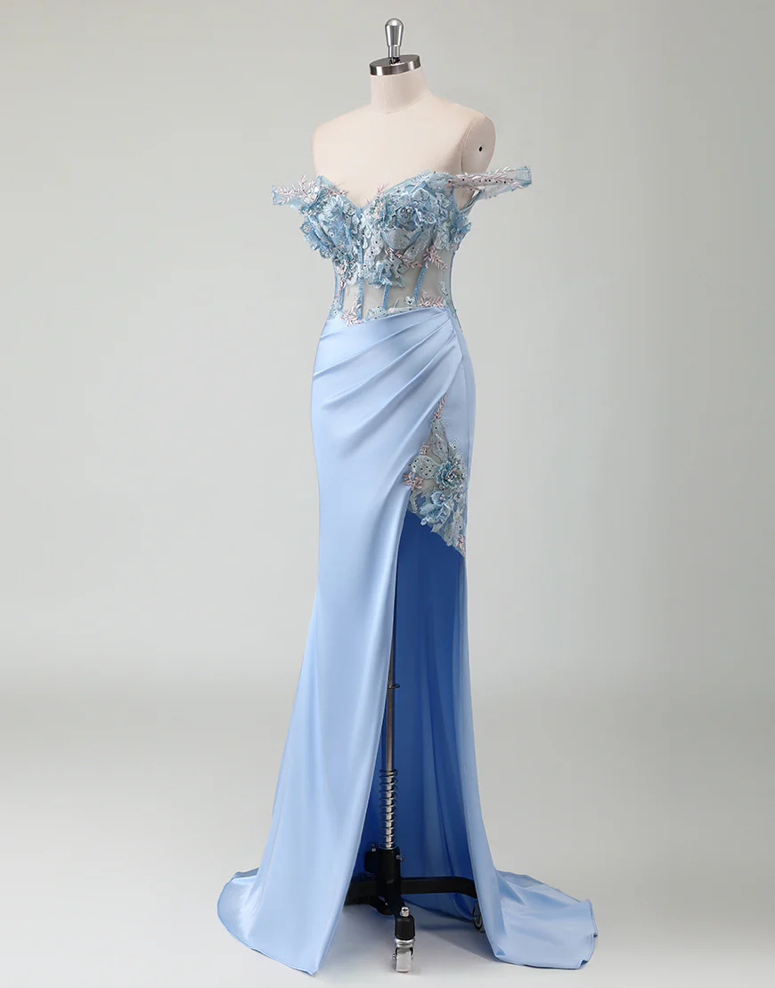 Robe de bal bleu ciel sirène épaulée nue avec fleur 3D et fente – Image 4
