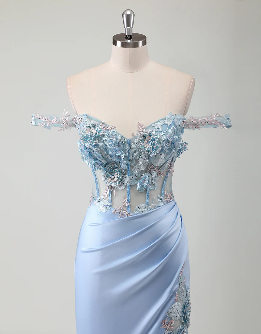 Robe de bal bleu ciel sirène épaulée nue avec fleur 3D et fente – Image 5