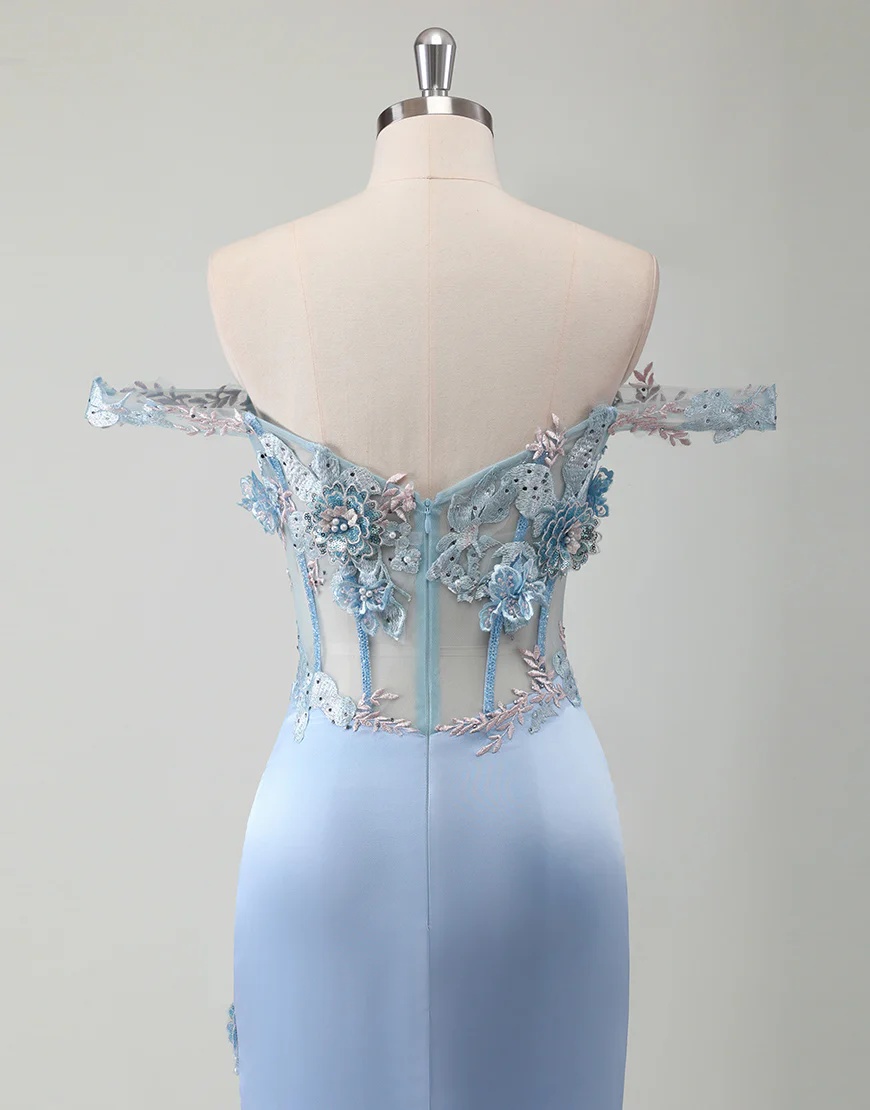 Robe de bal bleu ciel sirène épaulée nue avec fleur 3D et fente – Image 6