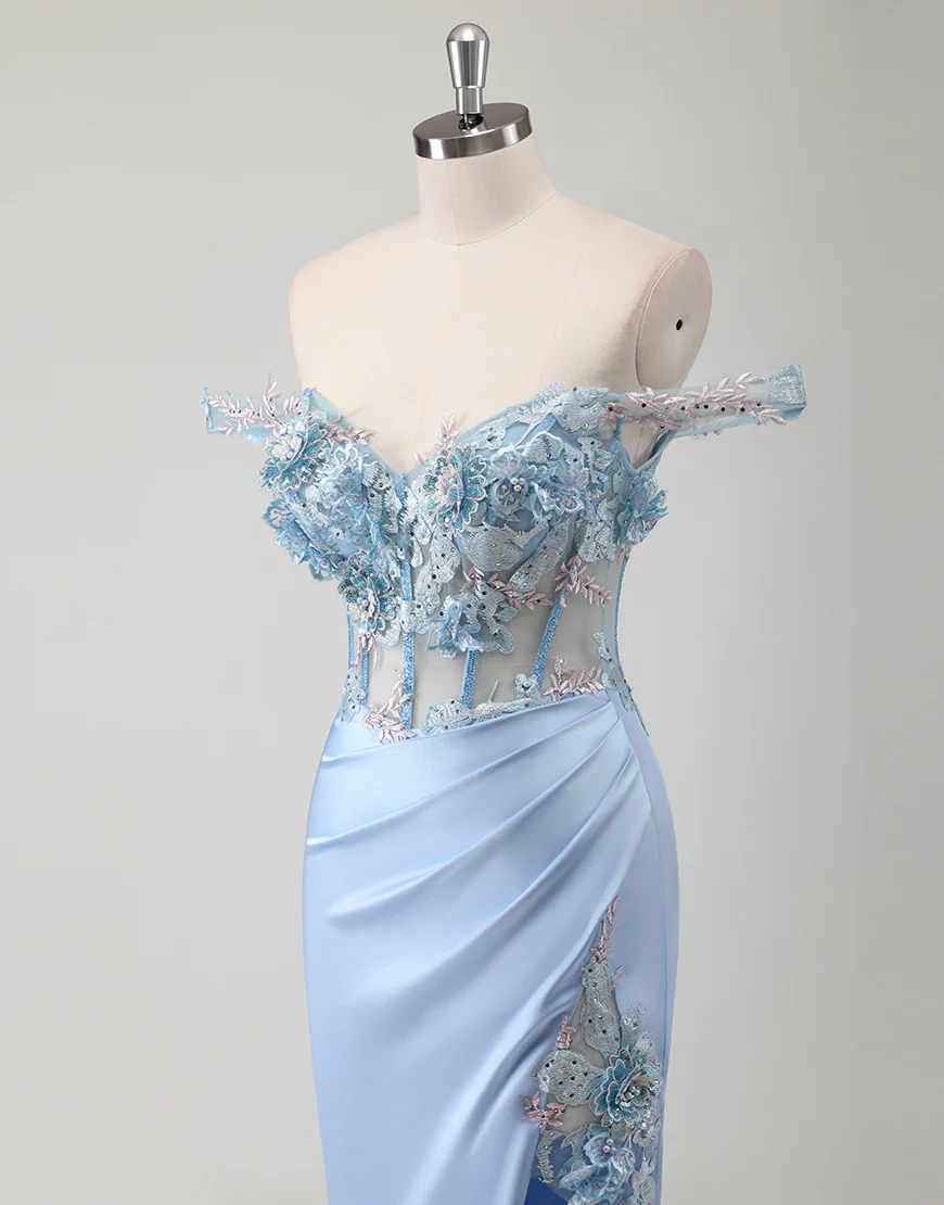 Robe de bal bleu ciel sirène épaulée nue avec fleur 3D et fente – Image 7