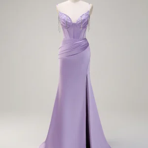 Robe de bal sirène lilas à pampilles et appliques spaghetti avec fente
