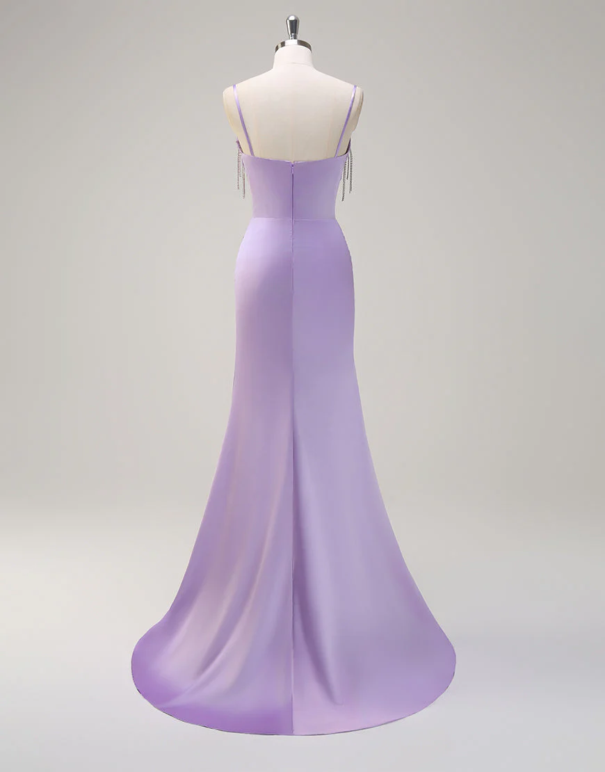 Robe de bal sirène lilas à pampilles et appliques spaghetti avec fente – Image 3