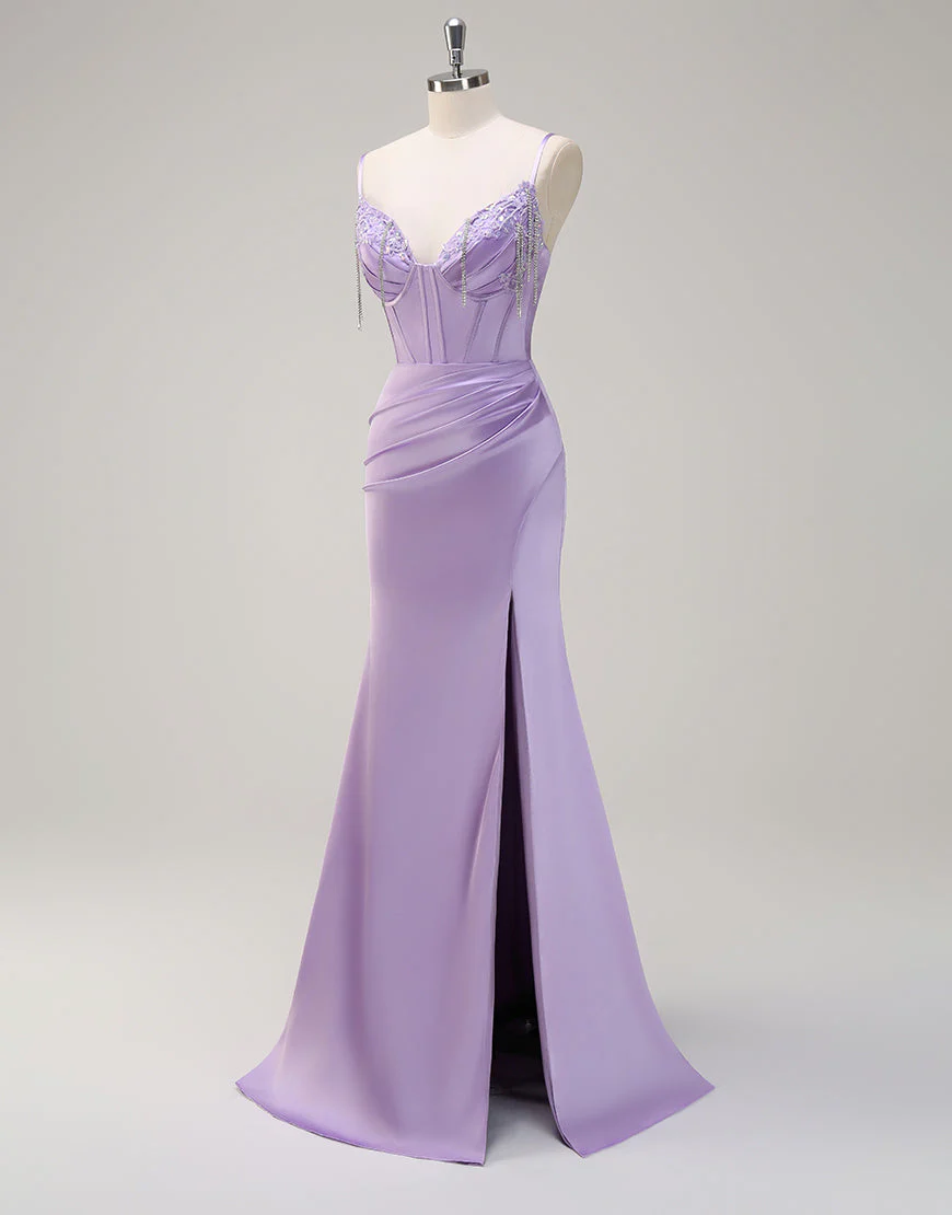 Robe de bal sirène lilas à pampilles et appliques spaghetti avec fente – Image 4