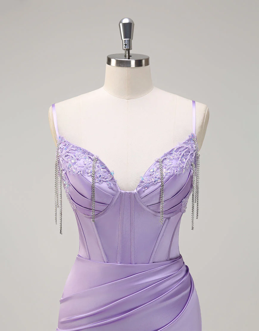 Robe de bal sirène lilas à pampilles et appliques spaghetti avec fente – Image 5