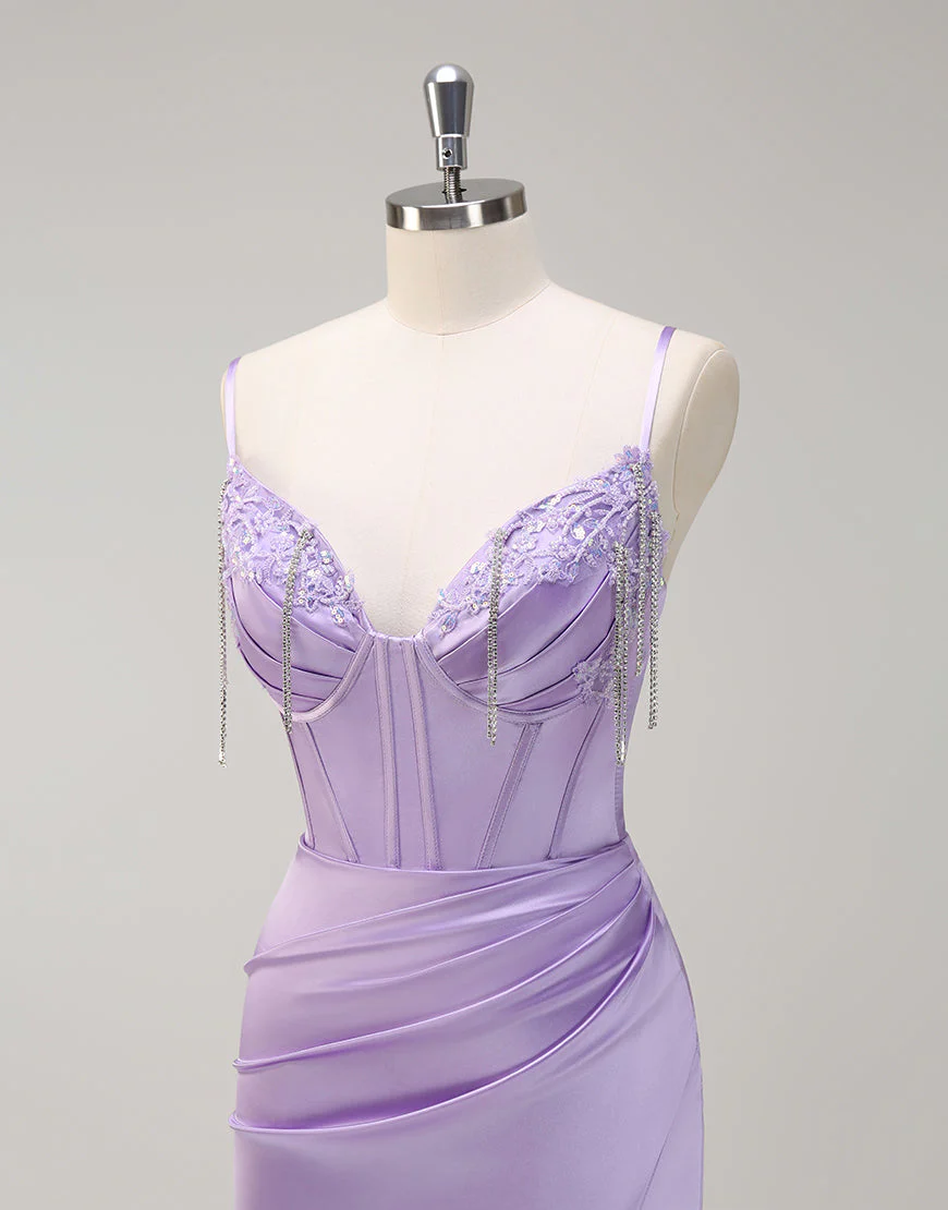 Robe de bal sirène lilas à pampilles et appliques spaghetti avec fente – Image 6
