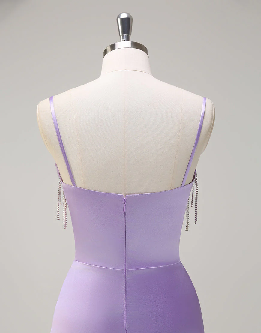 Robe de bal sirène lilas à pampilles et appliques spaghetti avec fente – Image 7