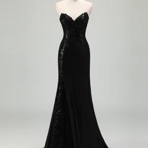 Robe de bal fendue avec application de paillettes Black Mermaid Sweetheart