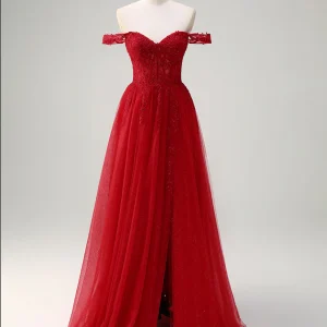 Robe de bal trapèze sans bretelles en tulle avec appliques en dentelle et fente