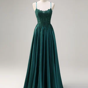Robe de bal à fines bretelles avec appliques en dentelle vert foncé