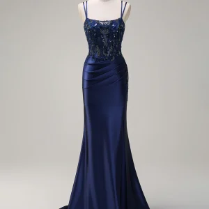 Robe de bal sirène bleu marine avec appliques en dentelle spaghetti et fleurs 3D et fente