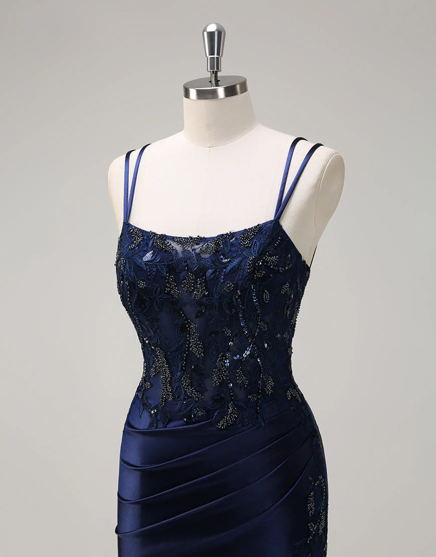 Robe de bal sirène bleu marine avec appliques en dentelle spaghetti et fleurs 3D et fente – Image 6