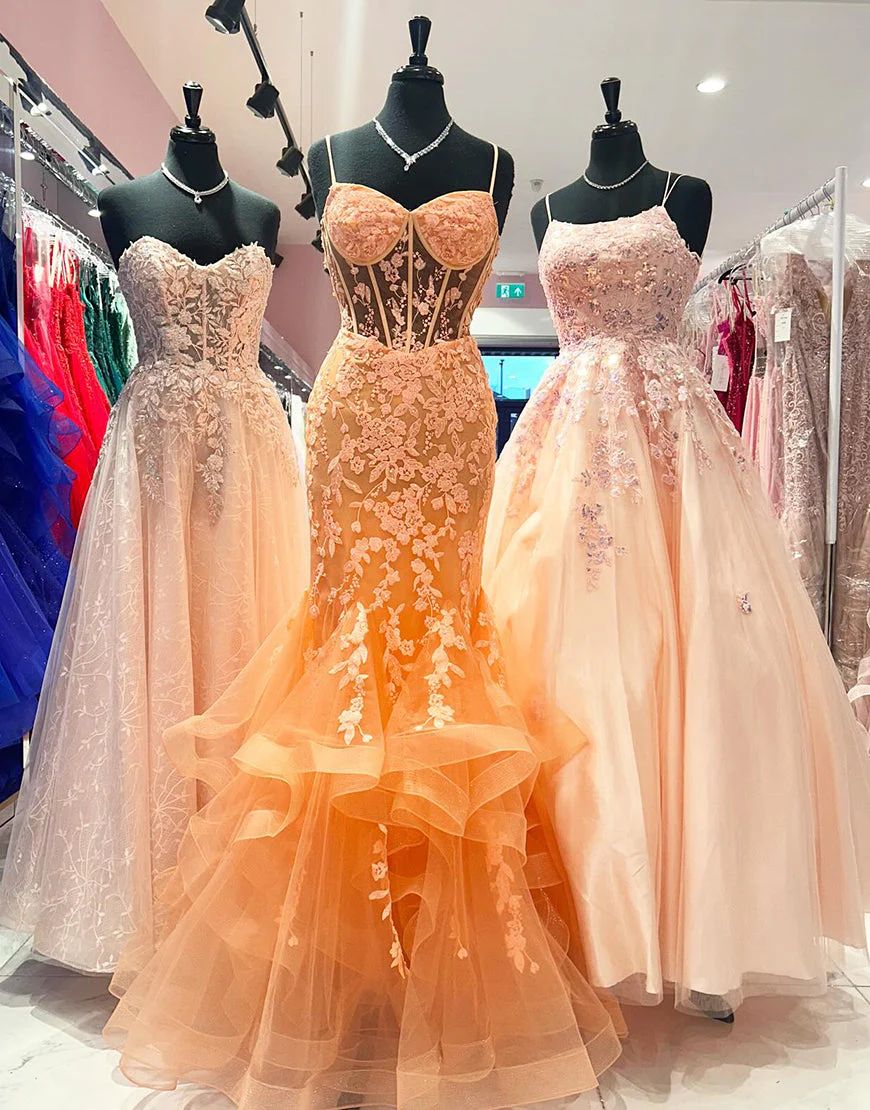 Robe de bal longue sirène à volants en tulle spaghetti orange avec appliques – Image 5