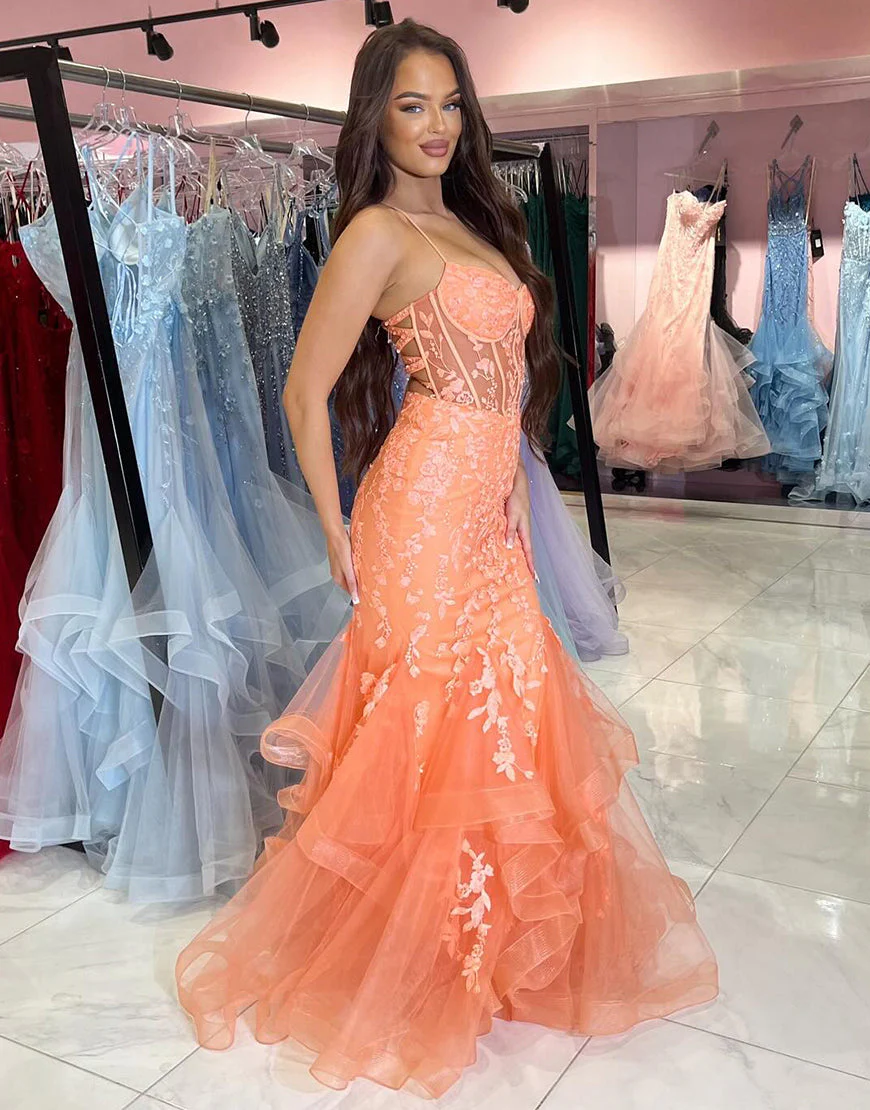 Robe de bal longue sirène à volants en tulle spaghetti orange avec appliques – Image 3