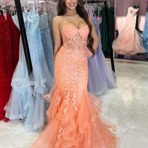 Robe de bal longue sirène à volants en tulle spaghetti orange avec appliques