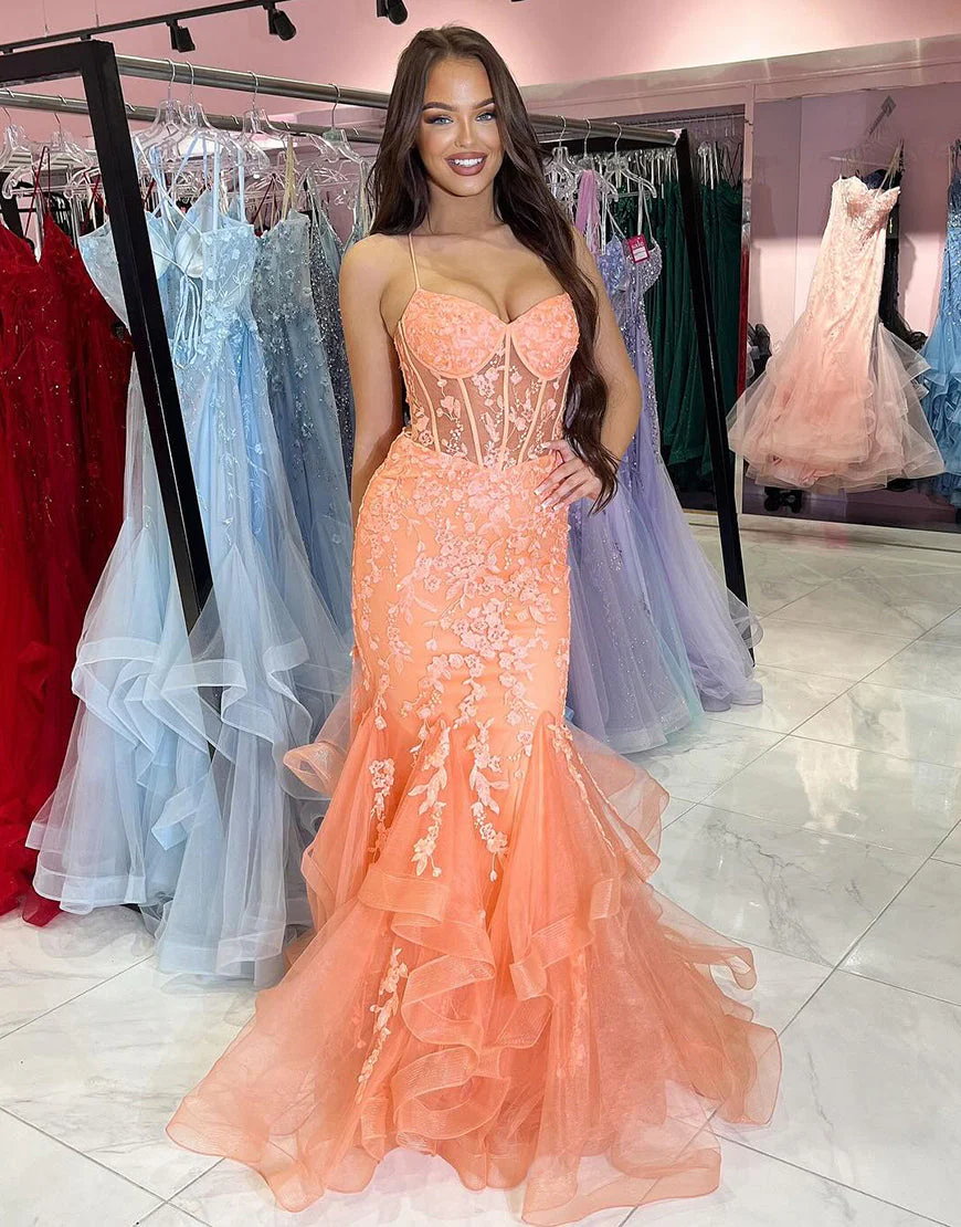 Robe de bal longue sirène à volants en tulle spaghetti orange avec appliques – Image 2