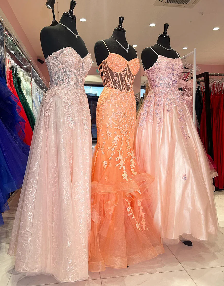 Robe de bal longue sirène à volants en tulle spaghetti orange avec appliques – Image 4