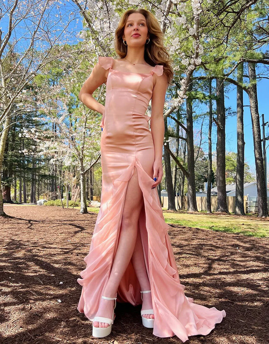 Robe de bal longue sirène en mousseline de soie à bretelles spaghetti et volants – Image 2