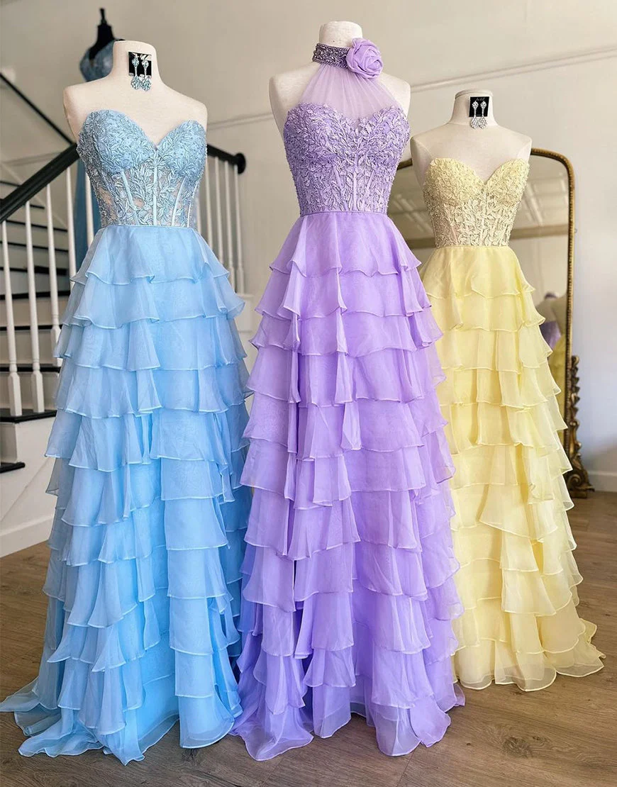 Robe de bal trapèze fendue avec appliques et volants en cascade – Image 6